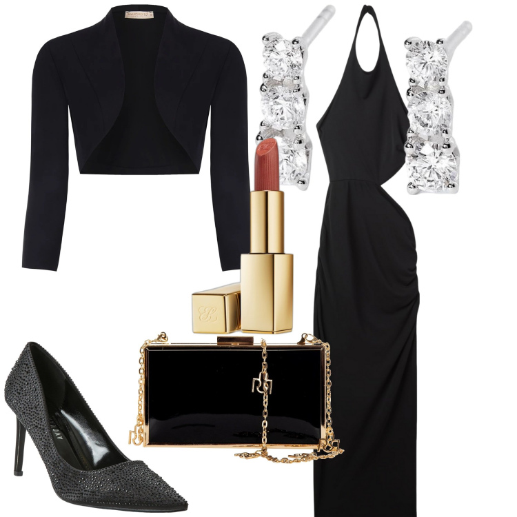 Outfit donna - Capodanno. Stile Glamour per Serata fuori. Abbinamento con rossetti, vestiti lunghi, décolleté, orecchini, bolero, pochette.