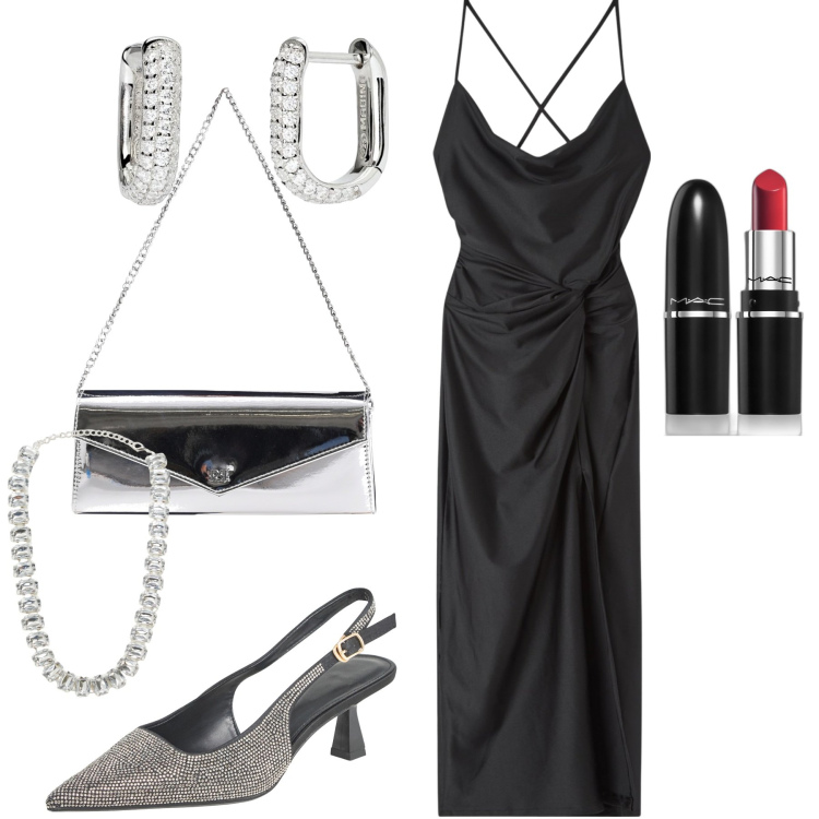 Outfit donna - Capodanno. Stile Glamour per Serata fuori. Abbinamento con rossetti, vestiti, collane, décolleté, orecchini, pochette.