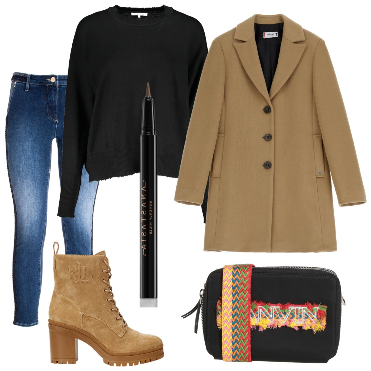 Outfit donna - L\' Eyeliner. Stile Trendy per Tutti i giorni. Abbinamento con borse a tracolla, eyeliner, jeans skinny, cappotti, stivaletti, maglieria.