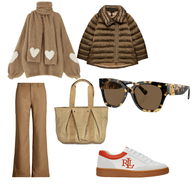 Outfit donna - In montagna fa freddo. per Tutti i giorni. Abbinamento con piumini, maglieria, occhiali da sole, pantaloni, sneakers, borse a spalla.