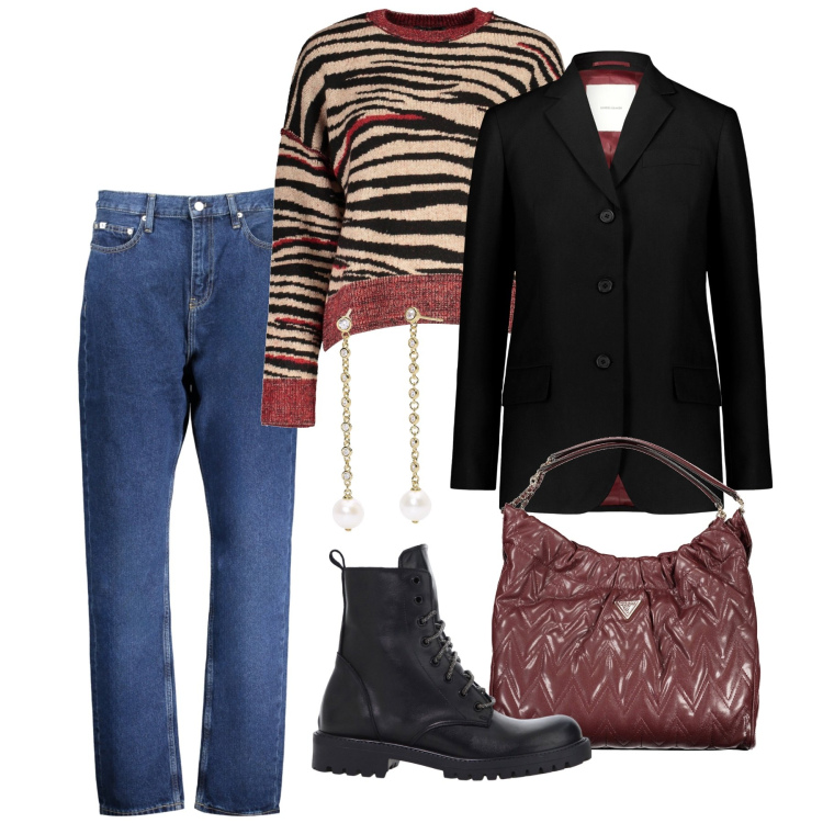 Outfit donna - Questa sono io, lo stile che mi rapprese. Stile Casual chic per Tutti i giorni. Abbinamento con orecchini, stivaletti, blazer, maglieria, jeans dritti, borse a spalla.