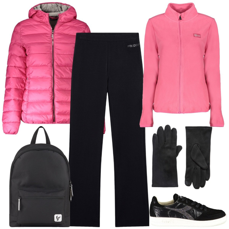 Outfit donna - Sporty-chic a dicembre. Stile Sporty chic per Tutti i giorni. Abbinamento con guanti, zaini, pantaloni, blazer, felpe, sneakers.