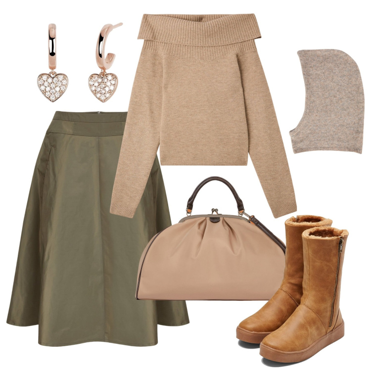 Outfit donna - Gonna in taffetà. Stile Chic per Tutti i giorni. Abbinamento con stivali, maglieria, orecchini, gonne, borse a spalla, sciarpe.