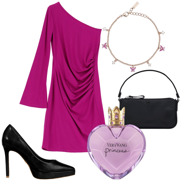 Outfit donna - Like a princess. Stile Chic per Serata fuori. Abbinamento con profumi, braccialetti, décolleté, vestiti asimmetrici, pochette.