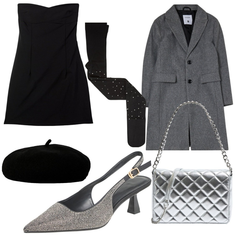 Outfit donna - Brilla per le feste. Stile Chic per Serata fuori. Abbinamento con vestiti, collant, cappotti, borse a tracolla, décolleté, cappelli e berretti.