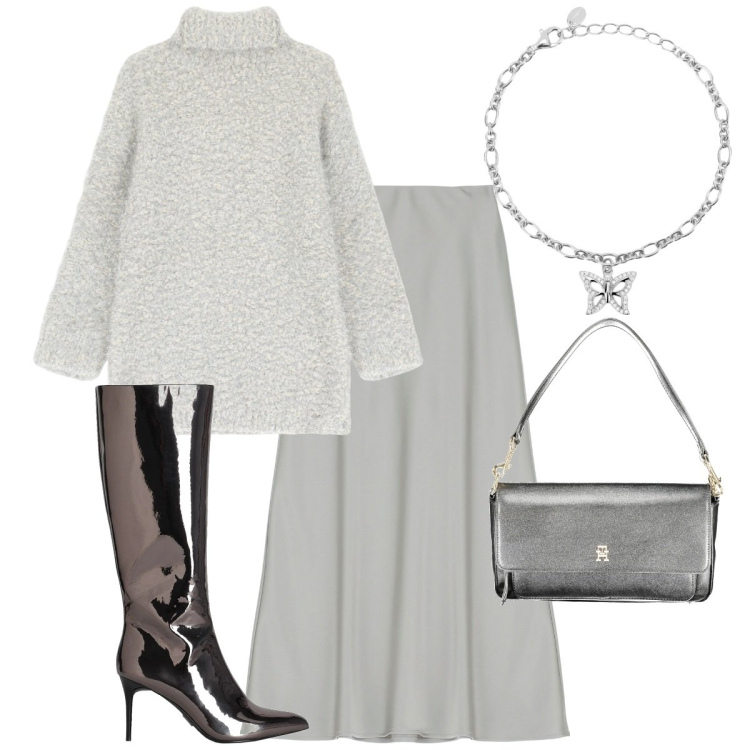 Outfit donna - Total look #2022857. Stile Romantica per Serata fuori. Abbinamento con stivali, braccialetti con ciondoli, maglieria, gonne lunghe, borse a spalla.