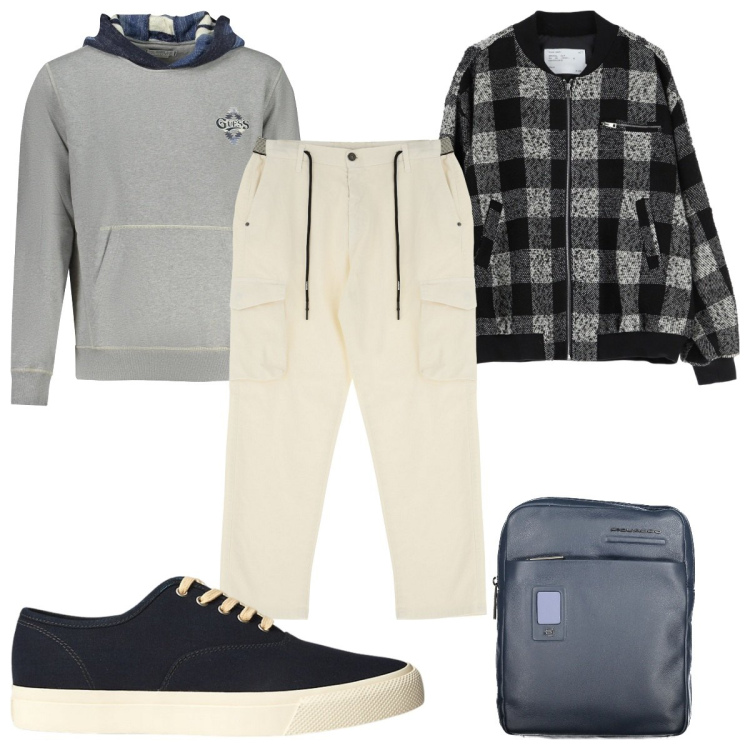 Outfit uomo - Sportivo tutti i giorni. Stile Trendy per Tutti i giorni. Abbinamento con pantaloni cargo, bomber, sneakers, portafogli, felpe con cappuccio.