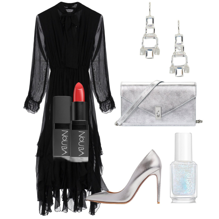 Outfit donna - Il mio capodanno. Stile Glamour per Serata fuori. Abbinamento con smalti, rossetti, vestiti lunghi, clutch, décolleté, orecchini.