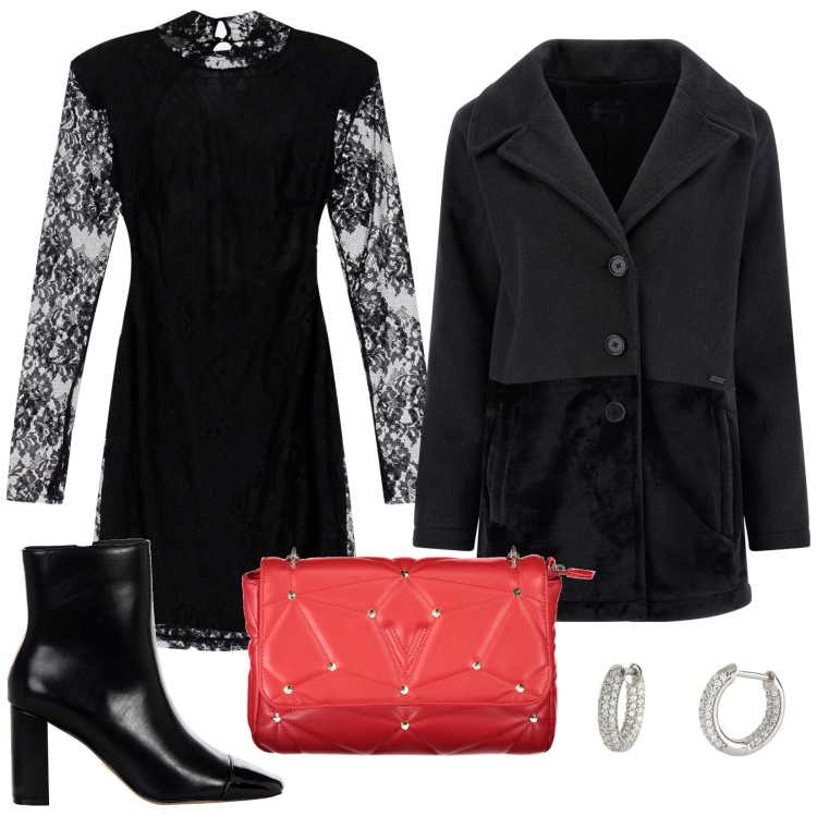 Outfit donna - Total black. Stile Trendy per Serata fuori. Abbinamento con orecchini, stivaletti, cappotti, vestiti lunghi, borse a tracolla.