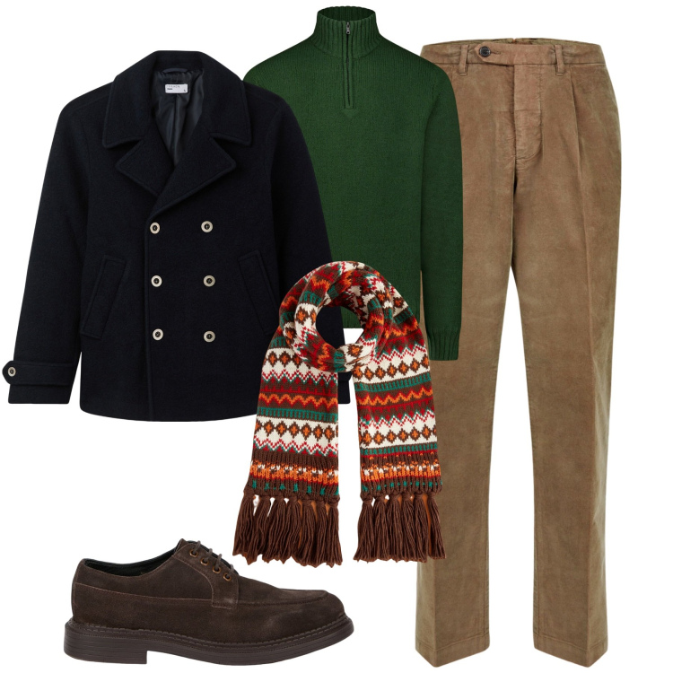 Outfit uomo - City. Stile Urban per Tutti i giorni. Abbinamento con cappotti, pantaloni, sciarpe, scarpe stringate, maglieria.