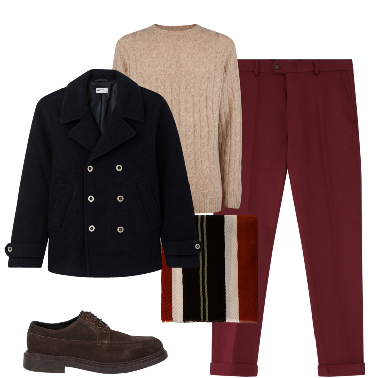 Outfit uomo - Dicembre. Stile Business/Elegante per Tutti i giorni. Abbinamento con cappotti, pantaloni, sciarpe e foulard, maglieria, scarpe stringate.