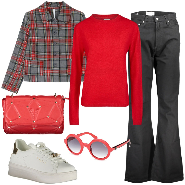 Outfit donna - Casual con giacca a quadri. Stile Casual per Tutti i giorni. Abbinamento con blazer, maglieria, jeans, sneakers, borse a tracolla, occhiali da sole.