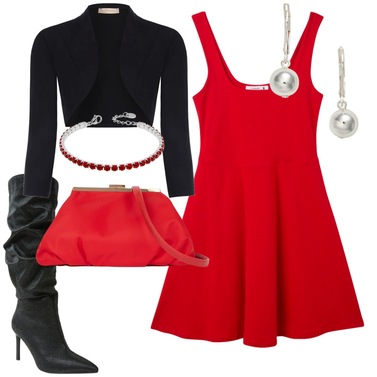 Outfit donna - Christmas red. Stile Glamour per Serata fuori. Abbinamento con vestiti, stivali, bolero, braccialetti, orecchini, pochette.