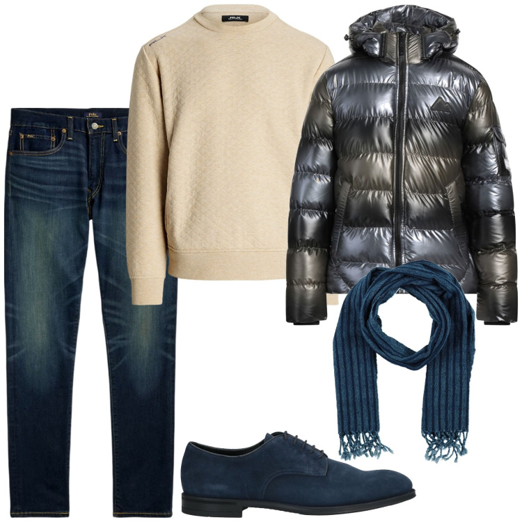 Outfit uomo - Bello così. Stile Casual per Tutti i giorni. Abbinamento con scarpe stringate, piumini, sciarpe, jeans, felpe.