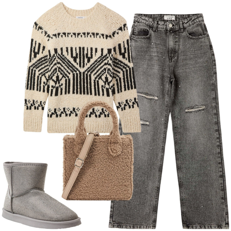 Outfit donna - City. Stile Casual per Tutti i giorni. Abbinamento con stivali, maglieria, jeans strappati, shopping bag.