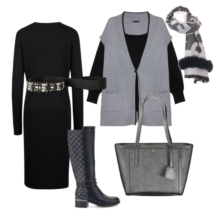 Outfit donna - Con il cardigan “sovrapposto”. Stile Casual chic per Tutti i giorni. Abbinamento con sciarpe, vestiti midi/longuette, stivali, cinture, cardigans, borse a spalla.