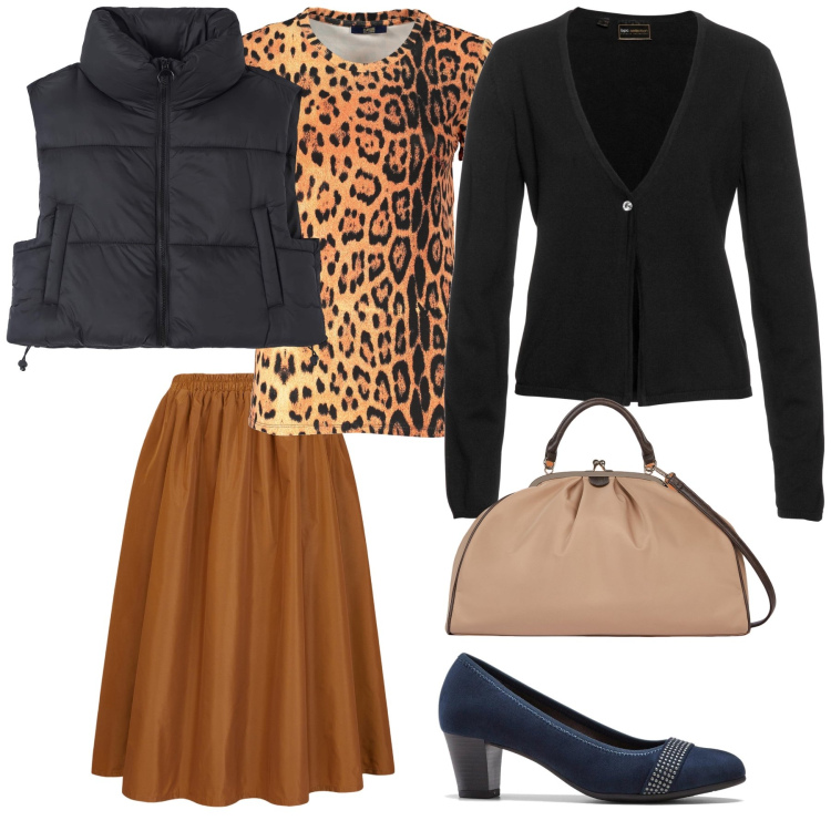 Outfit donna - Bar pomeridiano. Stile Urban per Tutti i giorni. Abbinamento con cardigans, décolleté, piumini, gonne lunghe, borse a spalla, t-shirt.