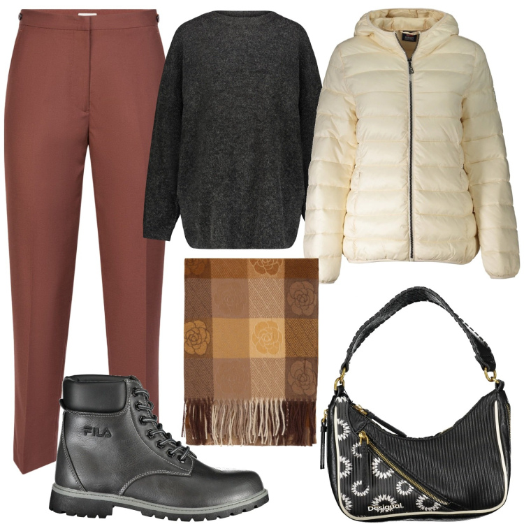 Outfit donna - Essenziale. Stile Basic per Tutti i giorni. Abbinamento con foulard, pantaloni, blazer, maglieria, stivali, borse a spalla.