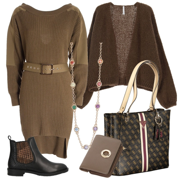 Outfit donna - Total look #2022949. Stile Casual chic per Ufficio. Abbinamento con stivaletti, collane, vestiti lunghi, portafogli, cardigans, borse a spalla.