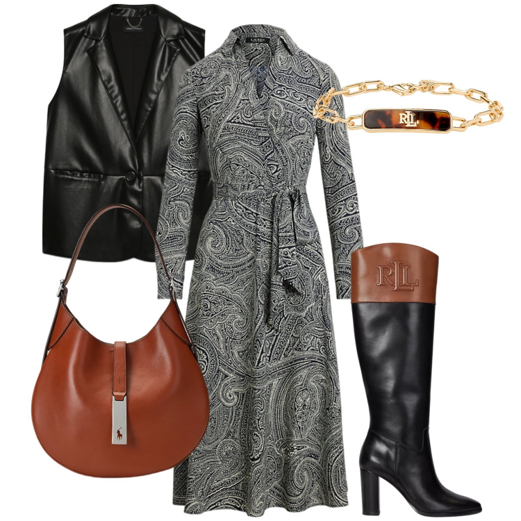 Outfit donna - Il vestito damascato. Stile Bon Ton per Serata fuori. Abbinamento con borse a spalla, braccialetti, stivali, vestiti, gilet.