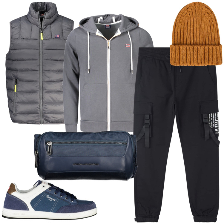 Outfit uomo - Versione ginnica. Stile Casual per Sport. Abbinamento con pantaloni cargo, berretti, felpe con cappuccio, sneakers, giacche, borse sportive.