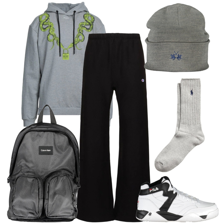 Outfit uomo - Le sneakers alte. Stile Casual per Sport. Abbinamento con felpe con cappuccio, calzini, sneakers, berretti, borse sportive, pantaloni.