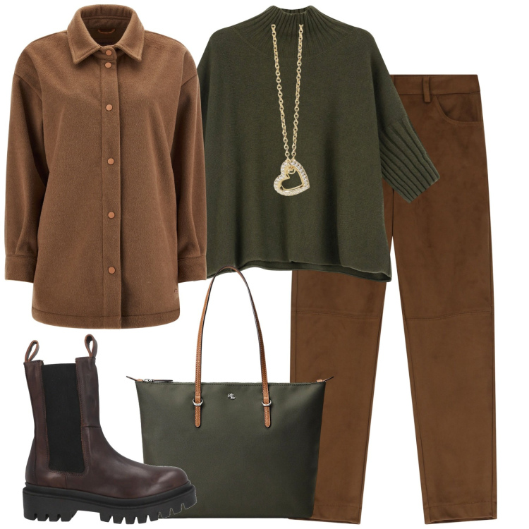 Outfit donna - Il pull verde. Stile Casual chic per Tutti i giorni. Abbinamento con stivaletti, collane, maglieria, pantaloni, cappotti, borse tote.