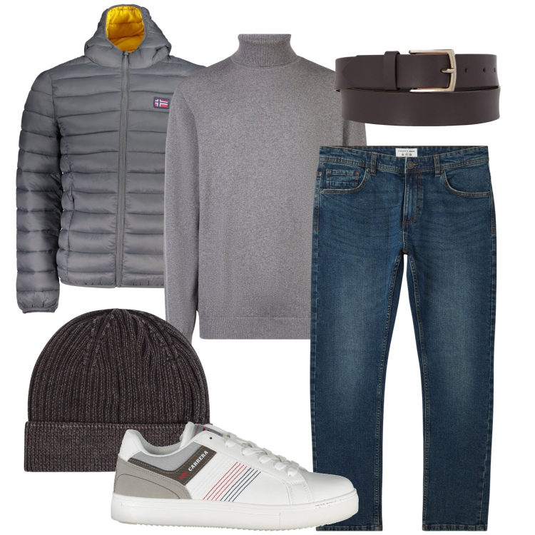Outfit uomo - Il dolcevita grigio. Stile Urban per Ufficio. Abbinamento con jeans, berretti, maglieria, giacche, sneakers, cinture.