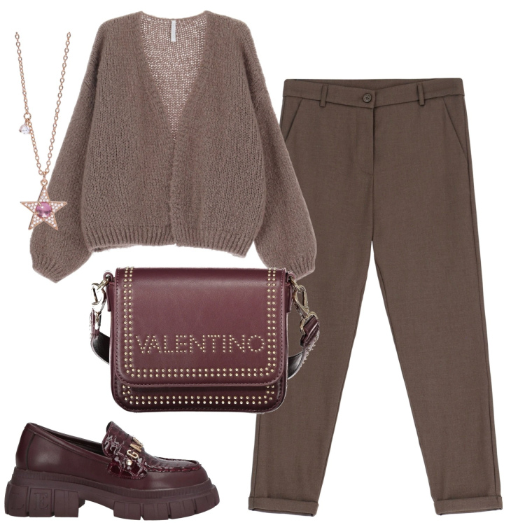 Outfit donna - City. Stile Trendy per Tutti i giorni. Abbinamento con mocassini, collane, cardigans, pantaloni chino, borse a spalla.