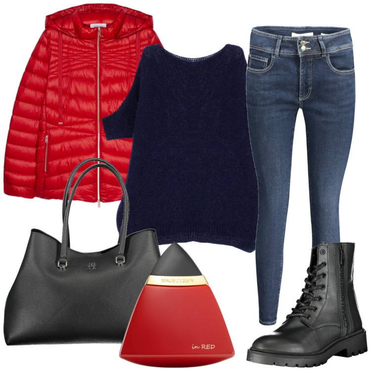 Outfit donna - Piumini rosso trapuntato. Stile Casual per Tutti i giorni. Abbinamento con profumi, pullovers, piumini, stivali, jeans skinny, borse a spalla.