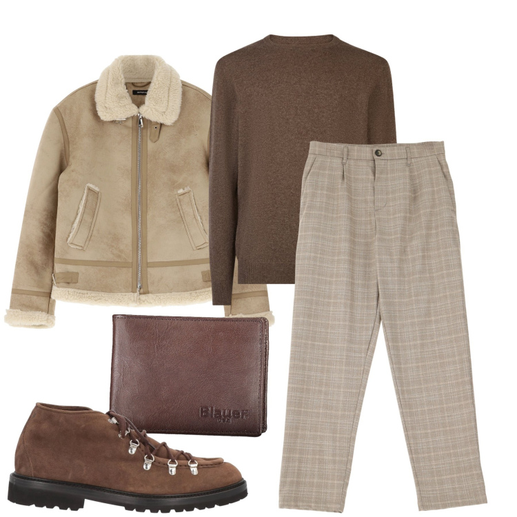 Outfit uomo - Il giubbotto effetto montone. Stile Trendy per Tutti i giorni. Abbinamento con stivali e stivaletti, giacche, pantaloni, maglieria, portafogli.