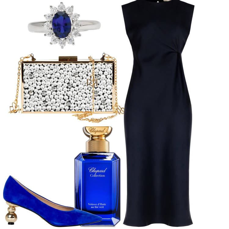 Outfit donna - Serata. Stile Chic per Serata fuori. Abbinamento con profumi, anelli, vestiti midi/longuette, décolleté, pochette.