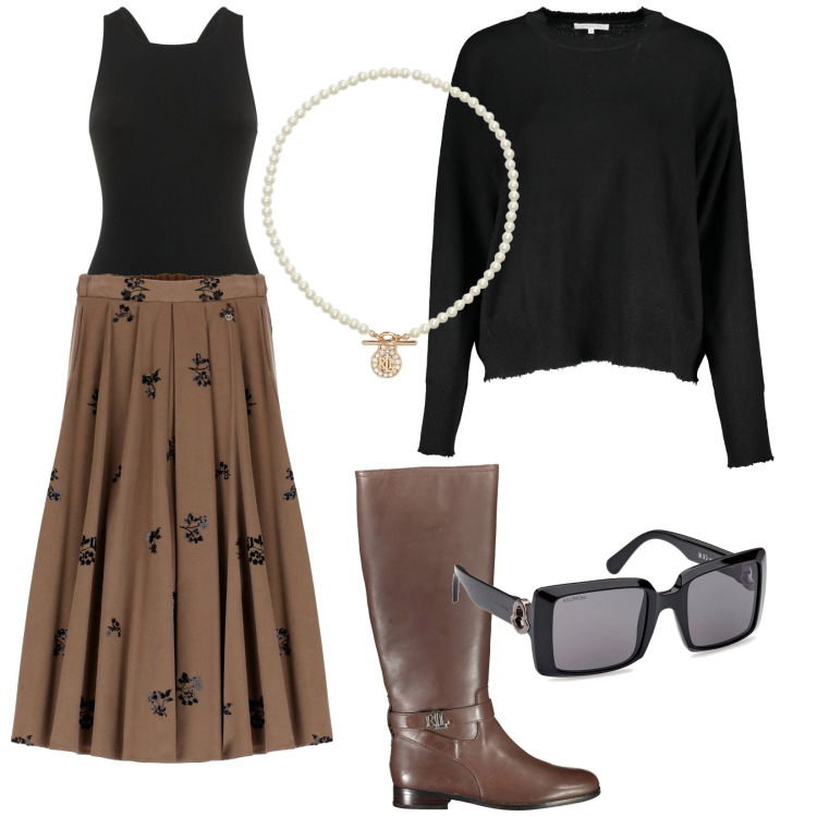 Outfit donna - Domenica mattina. Stile Vintage retrò per Tutti i giorni. Abbinamento con gonne lunghe, ciondoli, stivali, occhiali da sole, maglieria, body.