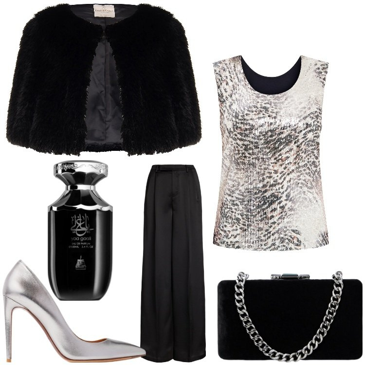 Outfit donna - Nero e argento. Stile Chic per Serata fuori. Abbinamento con profumi, canottiere, blazer, pantaloni, décolleté, clutch.