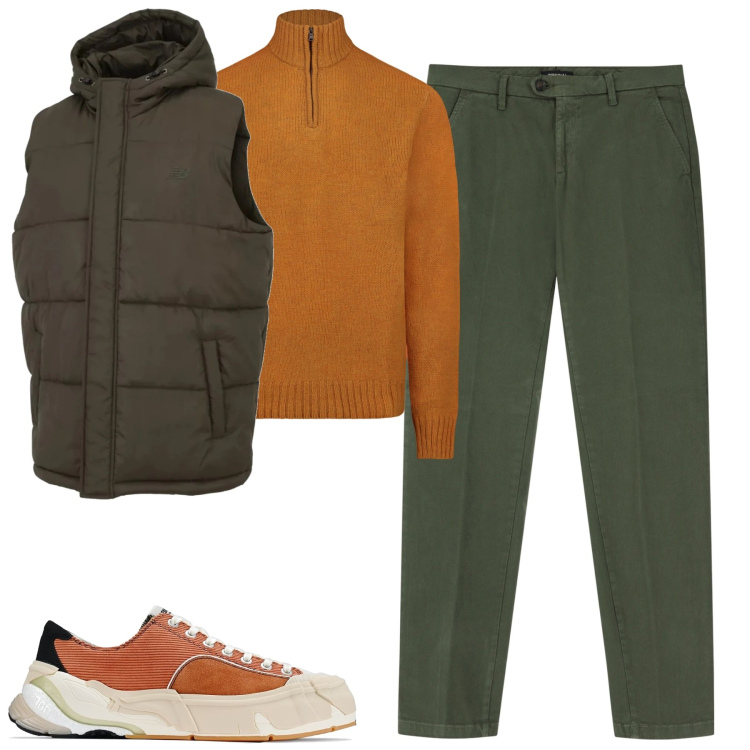 Outfit uomo - City. Stile Urban per Tutti i giorni. Abbinamento con gilet, pantaloni chino, maglieria, sneakers.
