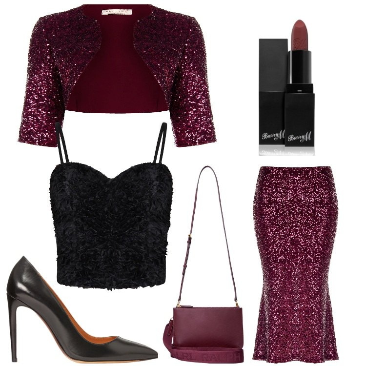 Outfit donna - Come una sirena. Stile Chic per Serata fuori. Abbinamento con rossetti, bolero, gonne longuette, top, borse a tracolla, décolleté.