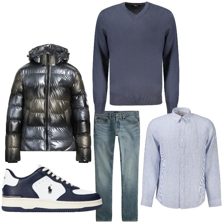 Outfit uomo - Camicia, jeans e sneakers. Stile Business/Elegante per Ufficio. Abbinamento con piumini, jeans, sneakers, camicie, maglieria.