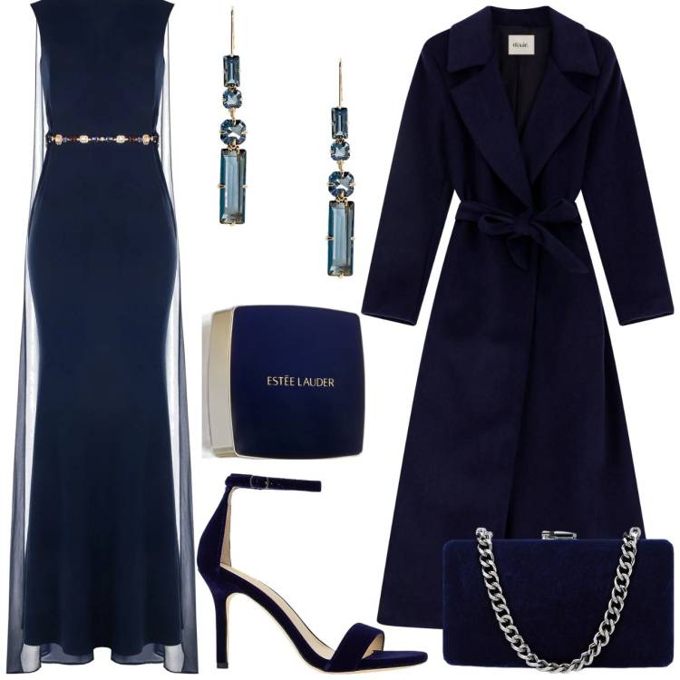 Outfit donna - Abit[ a sirena blu. Stile Chic per Serata fuori. Abbinamento con fondotinta, vestiti lunghi, cappotti, orecchini, clutch, sandali col tacco.