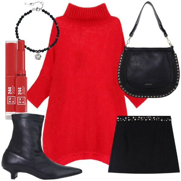 Outfit donna - Imperial Shop. Stile Casual chic per Serata fuori. Abbinamento con rossetti, braccialetti, maglieria, minigonne, borse a spalla, stivaletti.