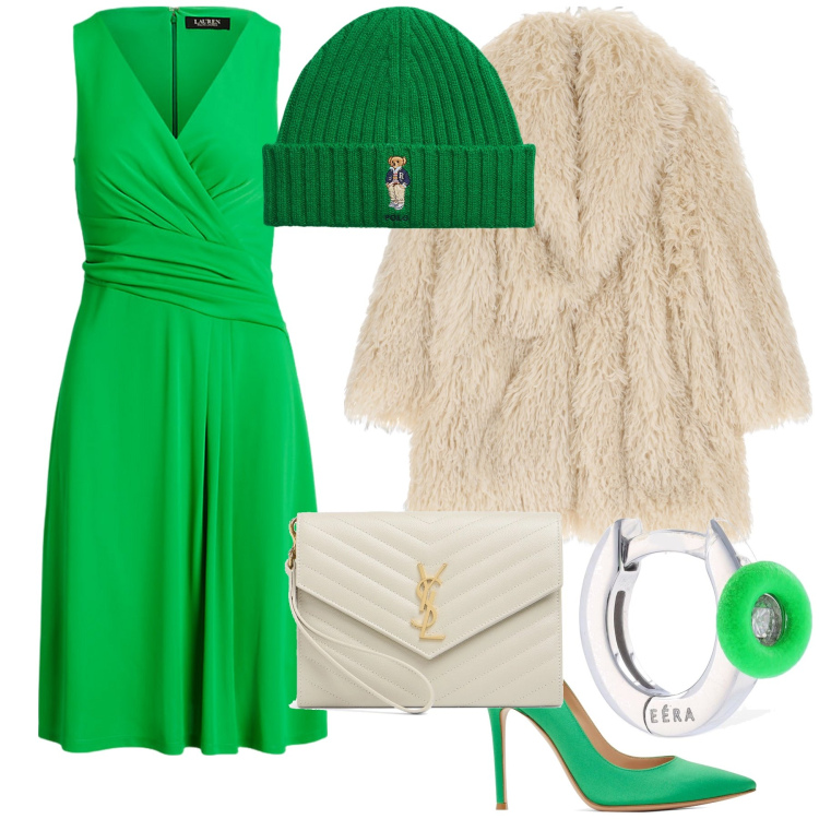 Outfit donna - Al caldo ma wow. Stile Glamour per Serata fuori. Abbinamento con cappotti, berretti, vestiti, pochette, décolleté, orecchini.