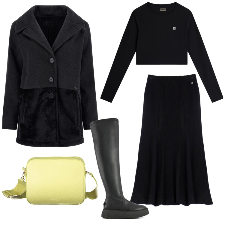 Outfit donna - Star black. Stile Casual per Tutti i giorni. Abbinamento con cappotti, maglieria, gonne lunghe, stivali sopra il ginocchio, borse a tracolla.