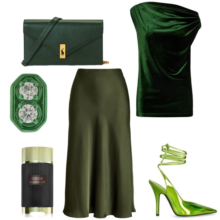 Outfit donna - Green evening. Stile Chic per Serata fuori. Abbinamento con profumi, clutch, gonne, bluse, orecchini, décolleté.