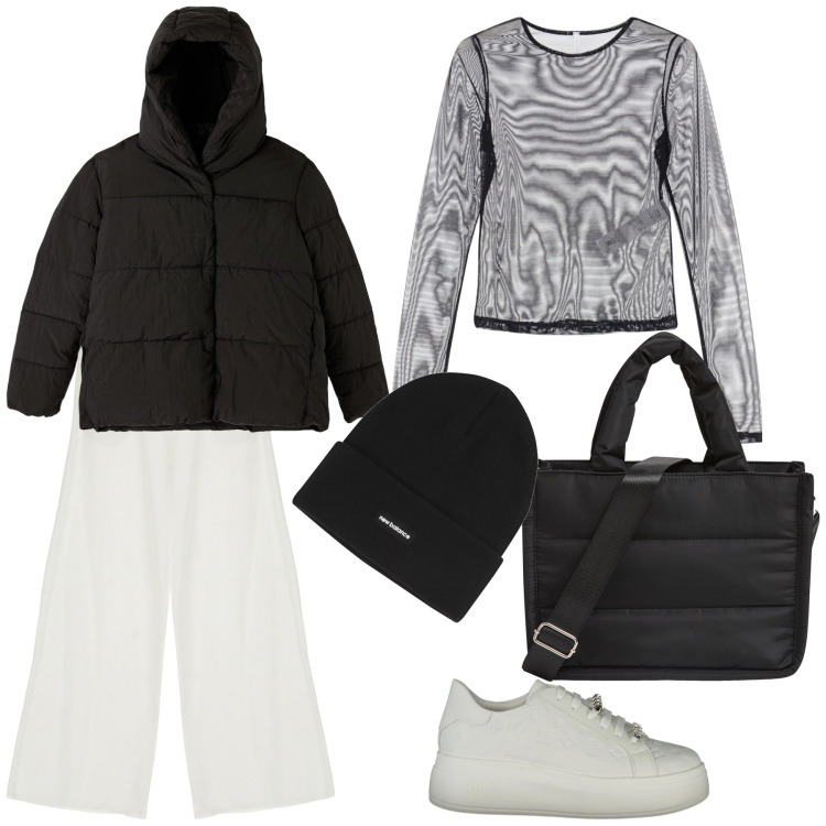 Outfit donna - Total look. Stile Basic per Tutti i giorni. Abbinamento con shopping bag, piumini, berretti, pantaloni a palazzo, maglieria, sneakers.