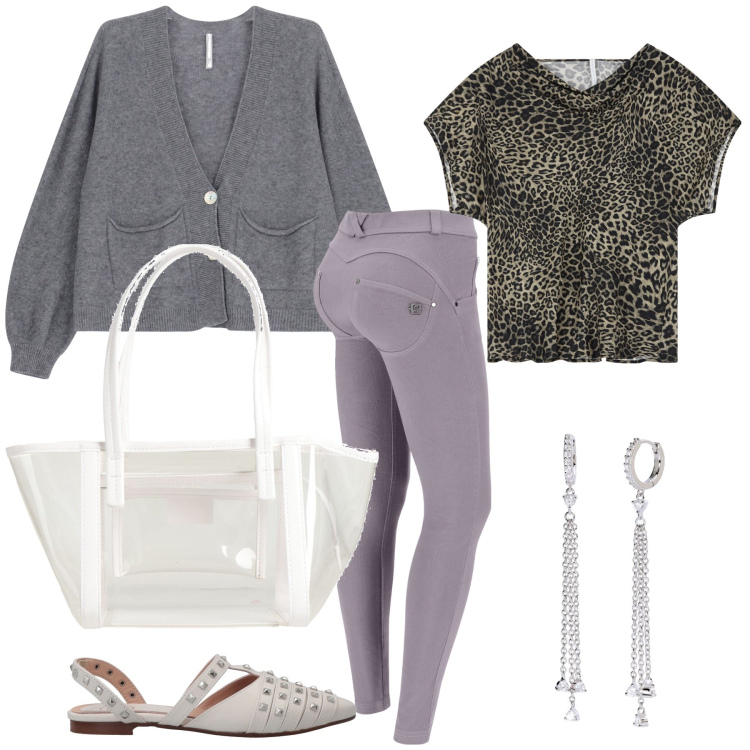 Outfit donna - Look sportivo orecchini scintillanti. Stile Sporty chic per Tutti i giorni. Abbinamento con ballerine, borse a mano, orecchini, cardigans, top, pantaloni skinny.