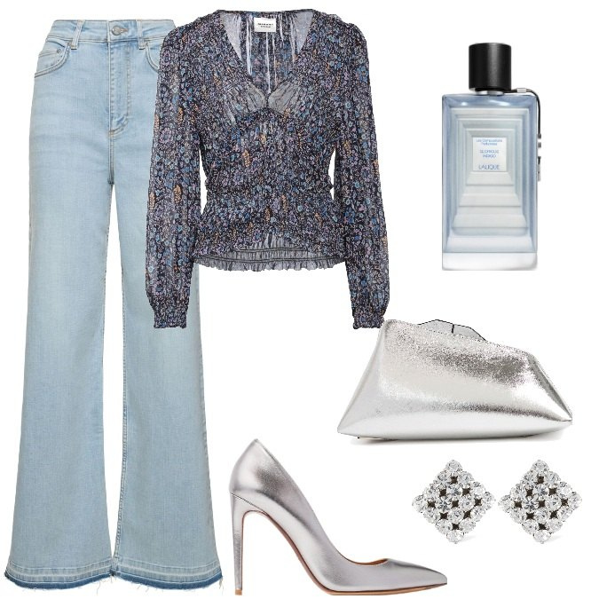 Outfit donna - Total look #2023053. Stile 70s per Tutti i giorni. Abbinamento con top, profumi, décolleté, pochette, orecchini, jeans.