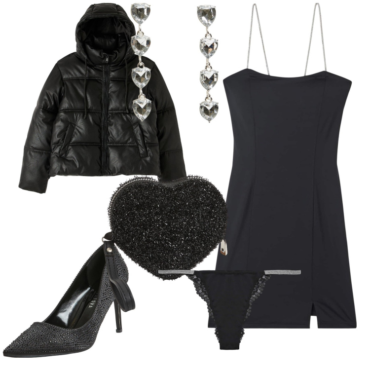 Outfit donna - Romantic black night. Stile Glamour per Serata fuori. Abbinamento con décolleté, orecchini, portafogli, piumini, vestiti corti, culotte.