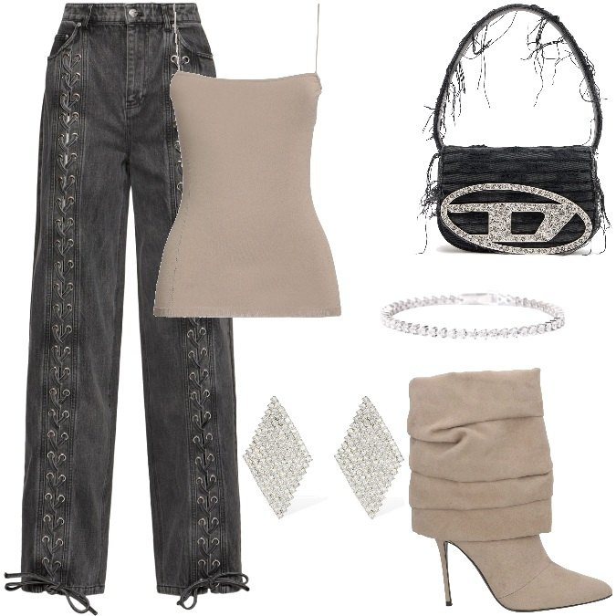 Outfit donna - Total look #2023059. Stile Urban per Tutti i giorni. Abbinamento con stivaletti, top, braccialetti, orecchini, borse a spalla, pantaloni.