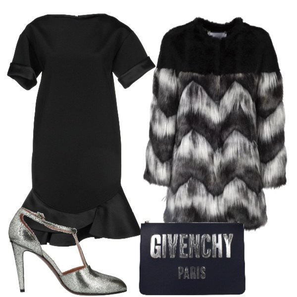 Outfit donna - Ecopelliccia. Stile Trendy per Serata fuori. Abbinamento con vestito corto con balze collo tondo a maniche corte con zip interno sfoderato in raso senza tasche tinta unita, décolleté effetto laminato con cinturino a punta tinta unita, pochette con logo frontale blu, ecopelliccia bianco e nero.