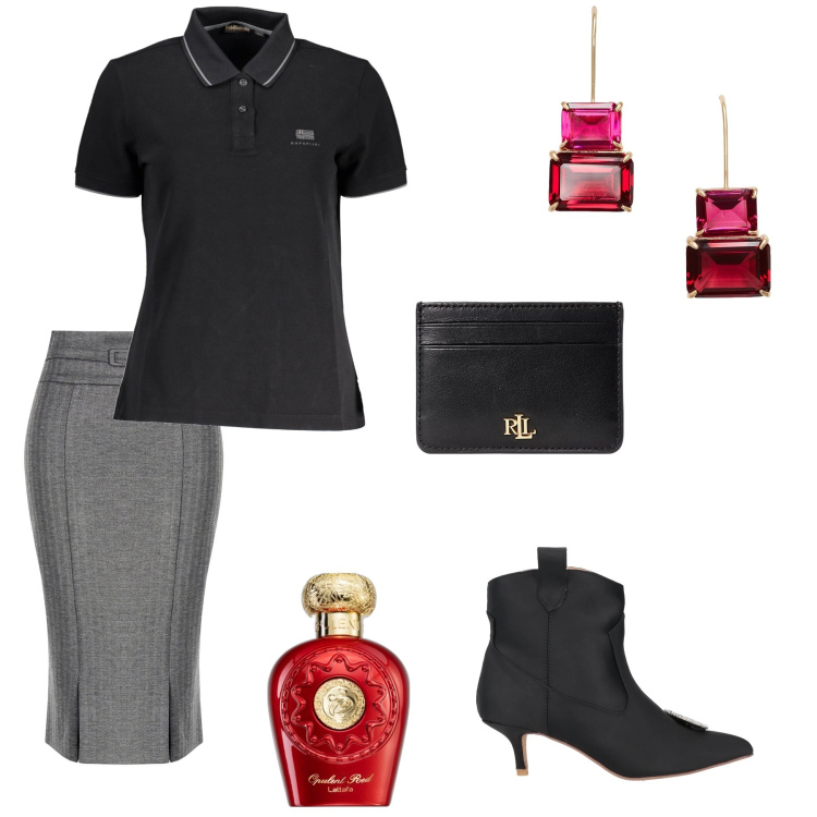 Outfit donna - Tubino e look wow. Stile Glamour per Ufficio. Abbinamento con stivaletti, profumi, gonne lunghe, portafogli, orecchini, polo.