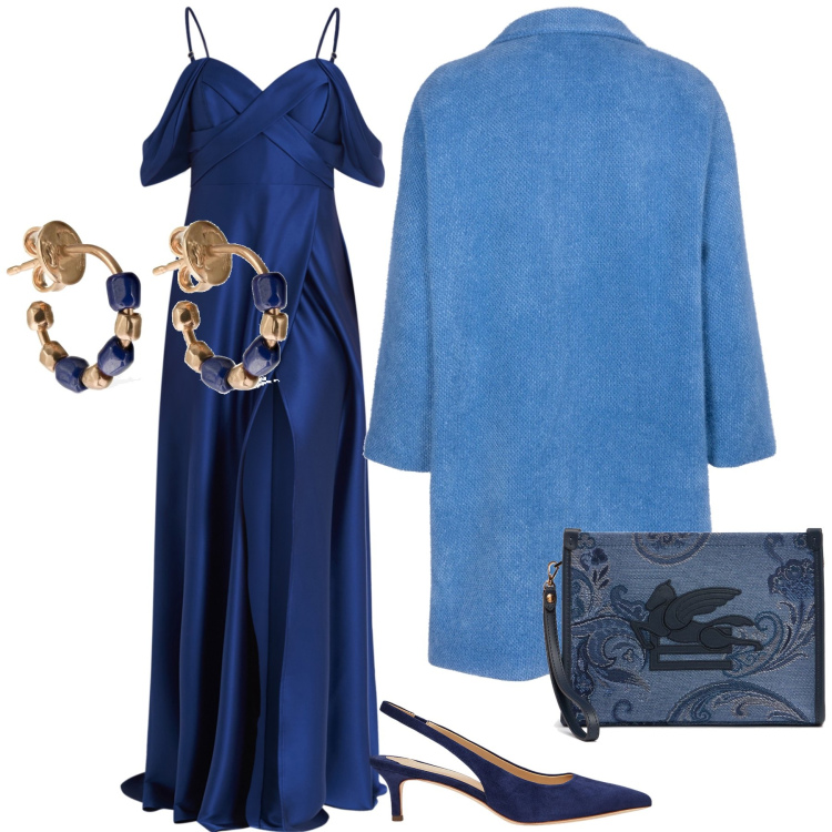 Outfit donna - Notte blu. Stile Bon Ton per Serata fuori. Abbinamento con cappotti, décolleté, vestiti lunghi, orecchini, clutch.